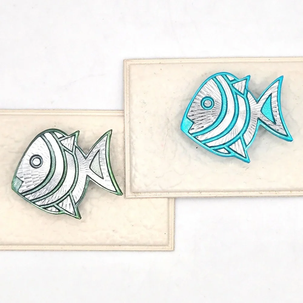 Vintage Made in‎ Germany Etched Metal Fish Brooch Pin Set Teal Green Geometric